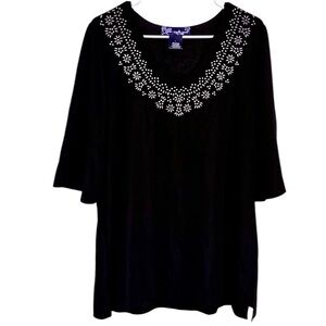 Susan Graver Black Embellished 3/4 Sleeve Blouse